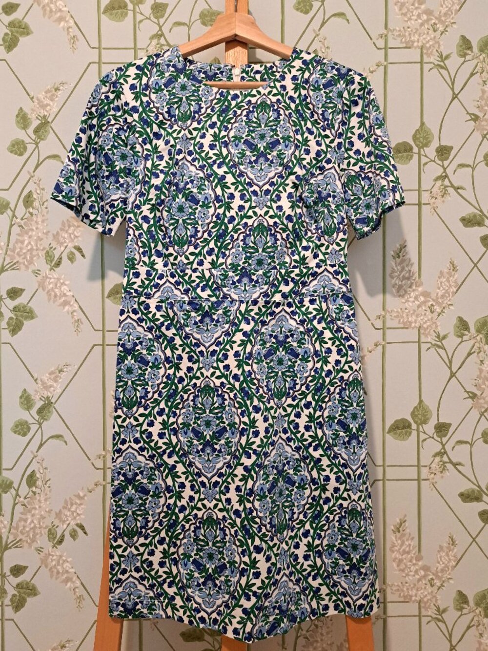 Boden Geometric Floral Summer Office Dress in Blues and Green